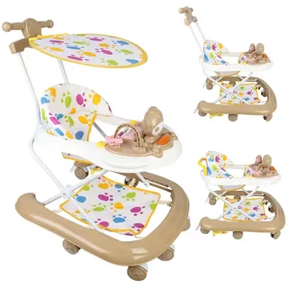 Supfine Lauflernhilfe 5-in-1 Babywalker, Spiel- und Lauflernwagen mit Rollen, 5-Gang Höhenverstellbar, mit Schiebegriff, Musik, Sonnenschirm, Gehfrei Baby ab 6 Monate, Klappbar (khaki, 62*68*36-81cm)