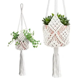 lucxhcky Set mit 2 Makramee-Blumenampeln aus Baumwollseil, im Bohème-Stil für Blumentöpfe im Innen- und Außenbereich, inklusive einfacher Installationshilfen (weiß)