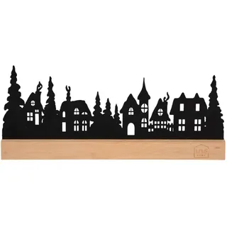 UNUS Aufsteller Häuserlandschaft mit Bäumen Winterdeko aus Metall mit Bambusfuß 30x13 cm Schwarz oder Weiß dekorative Silhouette für Fensterbank, Regal oder Tisch