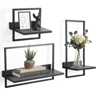 Stelby Wandregal 3‐tlg. Floating Wandregal – Holz & Metall, modern geom. Design, 3-tlg., Schweberegal aus Holz+Metall – platzsparend, vielseitig, langlebig schwarz