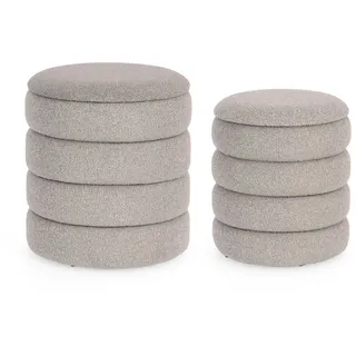 Pouf Katerina 2er-Set aus Boucle-Stoff, rundes Design mit Stauraum, hellgrau, weich gepolstert