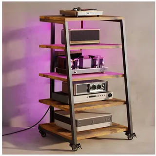 XIIW Media-Board TV-Regal HiFi-Rack mit RGB-LEDs & 4 Rollen TV Rack TV Ständer (5 Etagen, 60 x 52 x110 cm), Media-Regal mit 2 RGB-LEDs per App, Verstellbaren Ablagen, bis 140 kg