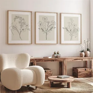Ueiwffzo 3er Poster Set Bilder Wohnzimmer, Beige Minimalistische Blumen Wandbilder ohne Rahmen, Boho Deko Posters Wanddeko für Wohnzimmer Schlafzimmer (30 x 40 cm)
