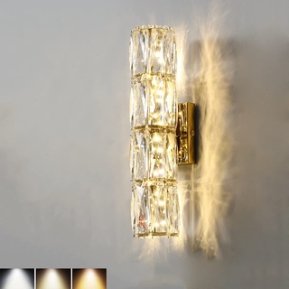 24W LED Wandleuchte Kristall Moderne Wandlampe Innen Dimmbar 3 Farbtemperatur Nachttischlampe Wand Kristalllampe Wohnzimmer Wandbeleuchtung Edelstahl Basis Wandlicht für Schlafzimmer Bett Flur,Gold