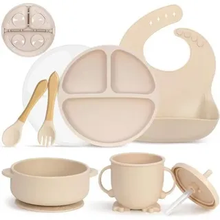 Silikon Baby Geschirrset Saugnapf 7 teilig BPA frei Esslernbesteck