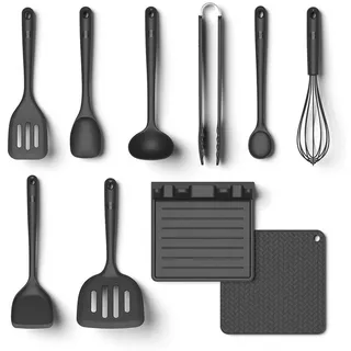 Hoffmann Germany Kochbesteck-Set 10-tlg. Küchenhelfer Pfannenwender Kochlöffel Zange (Set, 10-tlg., 10-tlg.: Pfannenwender, Kochlöffel, Zange, Kelle, Ablage u.v.m), Schöpfkelle, Schneebesen, Ablage, Untersetzer, spülmaschinengeeignet schwarz