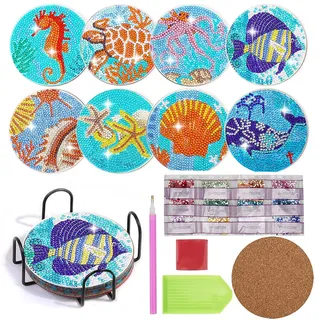 Ruikdly Diamond Painting Untersetzer 8er Set DIY Basteln Erwachsene mit Halter, 5D Diamond Painting Meer Tassenuntersetzer mit Diamanten Rund Boho fur Tassen, Kerzen Dekoratio