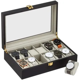 Relaxdays Uhrenbox für 12 Uhren mit Glas-Sichtfenster 31 cm x 20 cm x 8 cm Schwarz/Grau/Gold