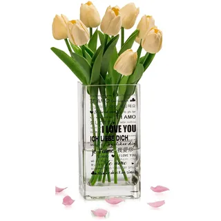 Glasseam Deko Vase Glas Glasvase Eckig Liebe Dich Geschenke für Frauen Blumenvase Satz von 1 Modern Glasvasen für Tischdeko Tulpen Blumen Vasen Hochzeit Tulpenvase Blumenvasen Mama Geschenke