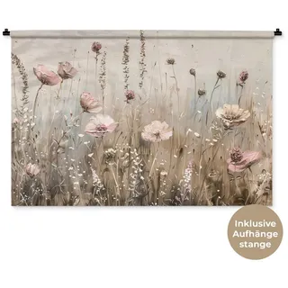 MuchoWow Wandteppich Blumen - Rosa - Modern - Beige, Rechteckig, Höhe: 3 mm, Wandtuch für Wohnzimmer, Schlafzimmer, 150x100 cm bunt