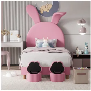 Flieks Polsterbett, LED Kinderbett 90x200cm mit ausklappbaren Hasenohren + Stauraumhockern rosa