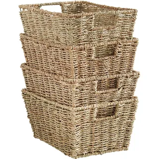 VonHaus Seegras Aufbewahrungskorb mit Griffen, 4er-Set Nestbare Ratten Korb, Hand Geflochtener Korb aus Natürlichem Seegras, H15xB30xT22 cm Aufbewahrungsbox Badezimmer und Regale