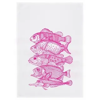 Geschirrtuch weiss, 5 FISCHE, neon pink