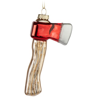 BRUBAKER Axt - Handbemalte Weihnachtskugel aus Glas - 11 cm Baumkugel für Holzfäller - Mundgeblasener Christbaumschmuck - Deko Figur Weihnachten - Weihnachtsdeko Anhänger - Rot, Weiß