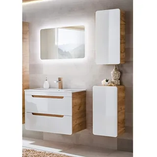 Badezimmer Badmöbel Komplett Set, Hochglanz weiß mit Wotan Eiche Nb., 81 cm Waschtischunterschrank mit Keramik-Waschbecken, 80 cm LED-Spiegel, Hängeschrank, Unterschrank, B/HT ca. 130/200/46 cm