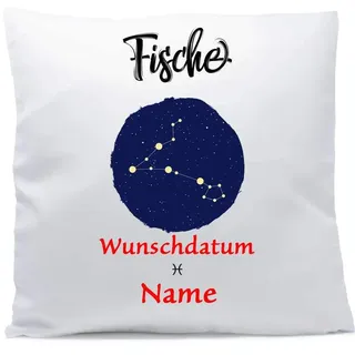 Kissen mit Namen Sternzeichen Fische Datum 40x40 cm inkl. Füllung Kuschelkissen Wunschtext, Kissen Farbe:Vorderseite weiß/RS schwarz