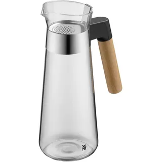 WMF Kineo Wasserkaraffe, 1 Liter, weite Öffnung, herausnehmbares Sieb, passt ins Getränkefach handelsüblicher Kühlschränke, spritz- und tropffreies Ausgießen, hitzebeständiges Glas, Holzgriff