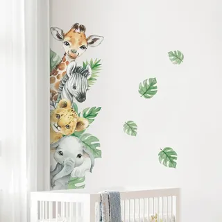 Tanlaby Dschungel Tier Wandtattoo Cartoon Tiere Wandsticker Giraffe Zebra Elefant Grüne Blätter Wandaufkleber für Kinder Babyzimmer Wohnzimmer Schlafzimmer Kinderzimmer Hause Wanddekoration