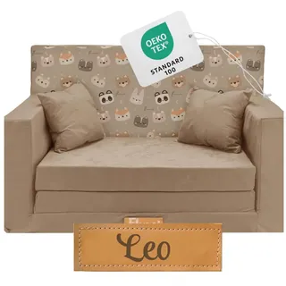 Flumi Personalisierte Kindercouch Kinder Sessel Sofa Schlafsofa jugendzimmer mit Gravur KINDERNAME Spielsofa für Kinderzimmer Schlafsessel Bettfunktion Kindermöbel 92x40x60 Mikrofaser (Beige + Bären)