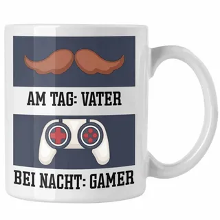Trendation Tasse Vater Gamer Tasse Geschenk Bei Nacht Geschenkidee Papa Spruch Vatertag weiß