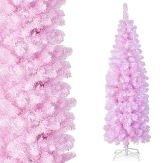 COSTWAY 180cm Künstlicher Weihnachtsbaum Bleistift, LED beleuchteter Tannenbaum mit 250 kaltweißen LEDs, schlanker Christbaum Weihnachten, Kunstbaum mit Metallständer, Rosa