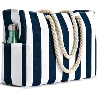 oscaurt Strandtasche Badetasche Wasserdicht Streifen Strandtasche XXL Familie mit Reißverschluss mit Nasstaschee Grosse Sporttasche für Frauen