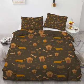 ROUSKI Bettwäsche-Set Dackel 200x200 cm 3-teilig Mikrofaser mit Reißverschluss
