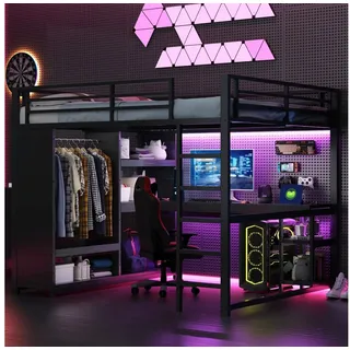 REDOM Hochbett Funktionsbett,Gästebett,Kinderbett (Metall-Gaming-Hochbett mit LED, Schreibtisch, Kleiderschrank und Ablagefächern) 165 cm x 204 cm x 180 cm