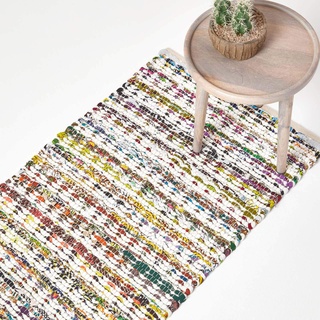 Homescapes Teppichläufer, handgewebt aus 100% Baumwolle, 66 x 200 cm, Flickenteppich mit geometrischem Dreiecksmuster, bunt