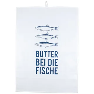 Bow & Hummingbird Geschirrtuch Geschirrtuch Butter bei die Fische, (1x maritimes Küchentuch mit Spruch), 50 x 70 cm blau|weiß