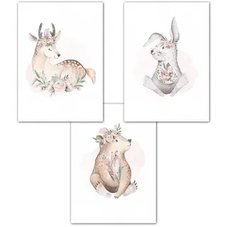 Lemmami Papeterie 3er Set Wandbilder Kinderzimmer Babyzimmer Poster Bilder DIN A4 Mädchen Junge Boho Deko Dekoration Bär Reh Hase (3er Bilder Set Rosa, Pastell, Wanddeko)