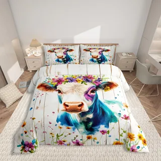 Homewish Kuh Bettwäsche 135x200 Kinder, Cartoon Waldtiere Bettbezug Niedlich für Mädchen Jungen, Botanische Blume Pflanze Bett Set, mit 1 Kissenbezug Holzbrett Dekor, Weiche Mikrofaser