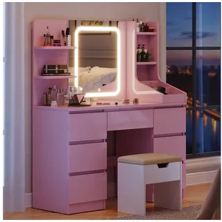 Furnicopia Schminktisch Einstellbare Helligkeit mit 7 Schubladen und 8 offenen Ablagefächern (Größe: 110 x 40 x 139 cm, Integrierte LED-Leiste mit einstellbaren drei Farbtemperaturen, Optional erhältlich mit Hocker mit Stauraum-ostern geschenke) rosa