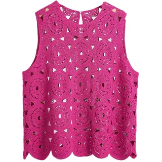 RWGSNB Weste Damen, Gehäkeltes Weste Top für Damen Boho Ausgehöhlt Ärmellos Rundhalsausschnitt Sommer Tank Pullover Leicht Dünn Lässig Strand Überzug für Den Alltag Urlaub Party Rosarot M - M