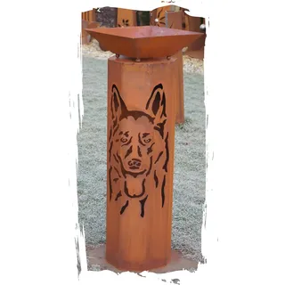JH-Metalldesign 8-Eck Säule Schäferhund + Schale Classic Edelrost Rost Metall Gartendeko Garten Stele