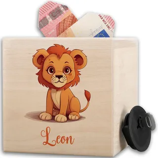 Shirtracer Spardose Holz personalisiert Löwe mit Name | Holz, 10x10cm, König der Tiere, Savanne, Kinder, Mädchen, Jungen, Natur, Taschengeld, sinnvolle Geschenke, Wunscherfüller