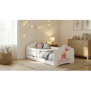 Happy Babies MOBI - Kinderbett 160 x 80 | Kinderbett mit Rausfallschutz & Bettkasten | Jugendbett mit farbigem Aufkleber | Bett mit Matratze 80x160 | Kinder-Bett für Mädchen & Jungen WIESS (M32)