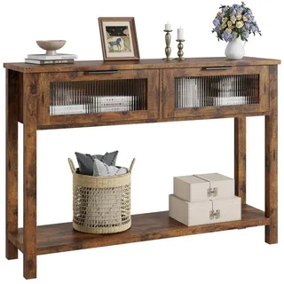 GarveeMore Konsolentisch Holz Konsole Tisch mit 2 Glasschubladen 2-Ebene Sofa Beistelltisch braun
