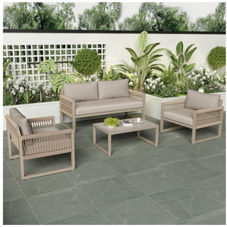 Flieks Gartenlounge-Set, 4 Sitzer Gartenmöbel Sitzgruppe Balkonset aus Eisen und Seil beige