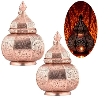 Marrakesch Orient & Mediterran Interior Nachttischlampe 2er Set Orientalische Tischlampe Lamisa modern aus Metall in Kupfer, Handarbeit orange