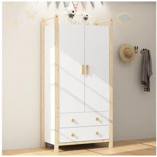 Merax Kinderkleiderschrank Kinder-Kleiderschrank mit 2 Türen, 2 Schubladen, Kleiderstange (1-St., Stauraum für Kinderzimmer) Landhausstil Kleiderschrank, 90×45×180cm weiß