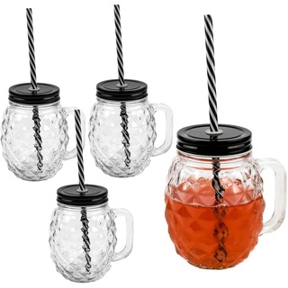 Sinoba Gläser-Set 3D Ananas Glas Trinkglas Set Trinkgläser mit Deckel und stabilem Strohhalm für Garten Party Sommer Grill Deko 450ml