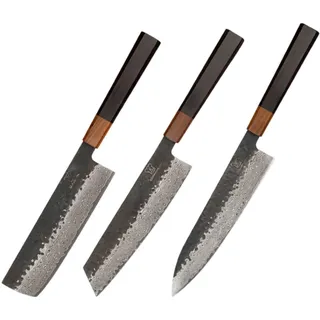 Küchenkompane – Edelstahl Messerset Shikku | 3-teiliges Küchenmesser Set im Damast Design | Kochmesser mit ergonomischen Epoxid-Griff | Designed in Germany