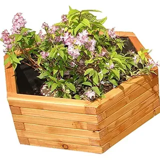 HOQ sechseckiger Pflanzkasten aus Lärche - mit Vlies und Griffen - Premium Pflanzkübel - Holz Blumentopf - Hochbeet aus Holz - Blumenkasten Ø 80x31cm