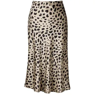 Pyjamasea High Waist Leopard Midirock versteckter elastischer Bund Seidensatin Rock - Mehrfarbig - Groß - L