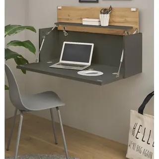furn.design Sekretär Grau matt, Eiche Wotan 100 cm, Wandschrank mit klappbarem Oberboden | Gr.: onesize