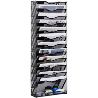 TQVAI Schreibtisch Organizer, 12 Fächer Zeitschriftenhalter Wand Metall Dokumenten Organizer A4 Papier Ablage Postsortierer für Büro Zuhause Schule, Schwarz
