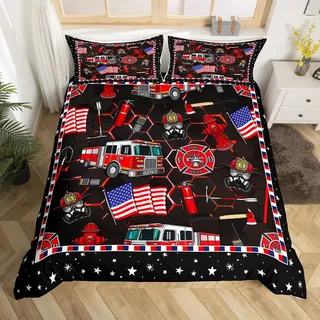 richhome Feuerwehr LKW Bettbezug Set 135x200,Cartoon Autos rote Feuerwehr Motoren Bettwäsche Set, geometrische Waben Patchwork Tröster Abdeckung, rote Neon Quilt Cover