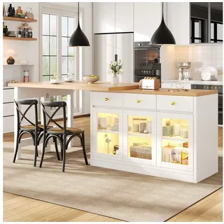 HAUSS SPOLE Kücheninsel Ausziehbar mit LED-Beleuchtung,Küchenschrank mit Schubladen,Weiß, (Multifunktionales Ausziehtisch-Möbel mit Stauraum und Beleuchtungssystem), Dämpfungsmechanismus,belastbar bis 60kg
