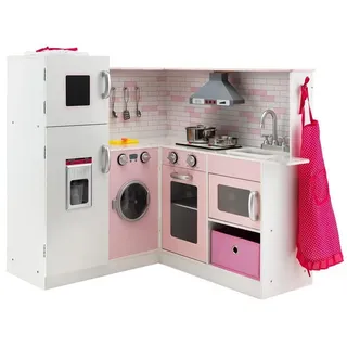 KOMFOTTEU Spielküche Eckeküche Holzküche Spielset, Mit Spüle, Backofen, Mikrowelle, Herd & Kochgeschirr rosa